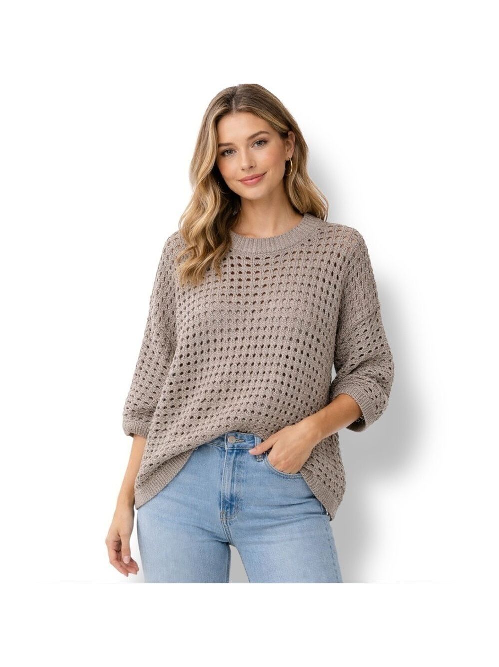 DR 2 Tan Open Knit Short Sleeve Cropped Crew Neck Sweater US Sz L
